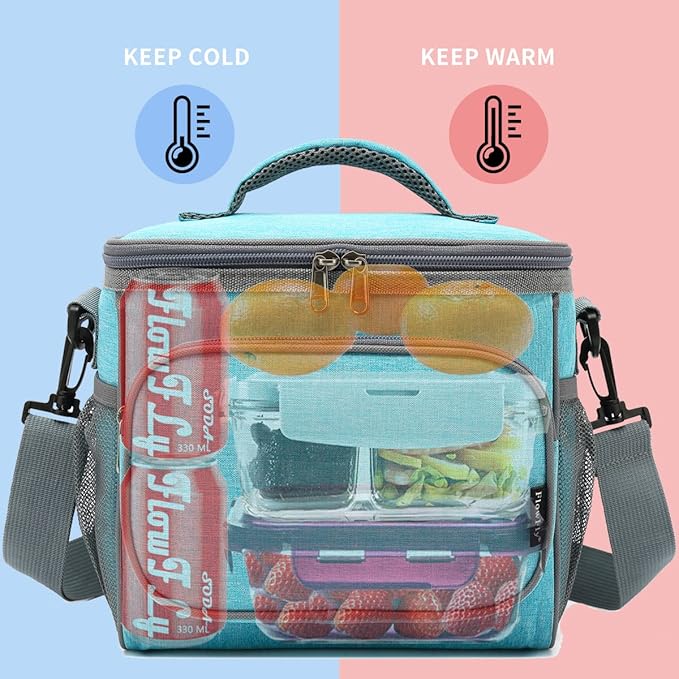 FlowFly Insulated Reusable Lunch Bag Adult Large Lunch Box for Women and Men with Adjustable Shoulder Strap,Front Zipper Pocket and Dual Large Mesh Side Pockets,SeaBlue