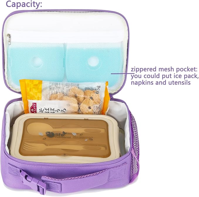 FlowFly Kids Lunch box Insulated Soft Bag Mini Cooler Back to School Thermal Meal Tote Kit for Girls, Boys,Purple#Glitter