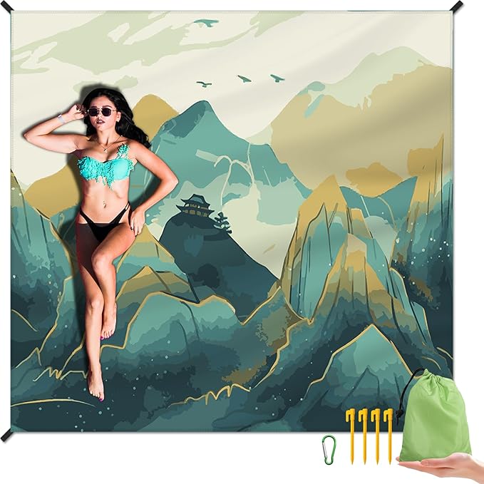Beach Blanket Waterproof Sandproof Large Beach Mat 79" X 83" for 2-4 Adults Sand Free Mat Quick Drying,Lightweight & Durable with 4 Stakes & 4 Corner Pockets for Beach Travel Camping.(Mountain)