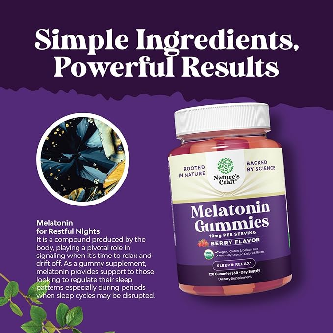 Organic Melatonin Gummies 10mg per Serving - Fast Acting Tasty Sleep Gummies for Adults Extra Strength Melatonin 10mg for Adults Enhanced Sleep Quality & Duration - Non GMO Organic & Vegan (60 Days)