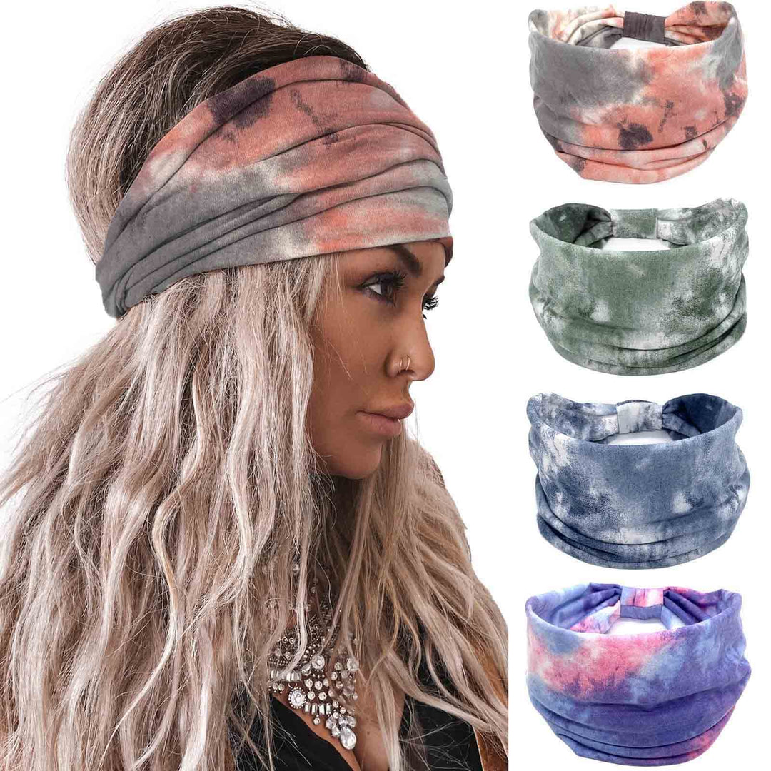 Acenail Knotted Turban Headbands For Women & Girls - Elastic Non-Slip Tie Dye Cotton Yoga Hairbands, Boho Workout Wraps, 4Pcs Fa
