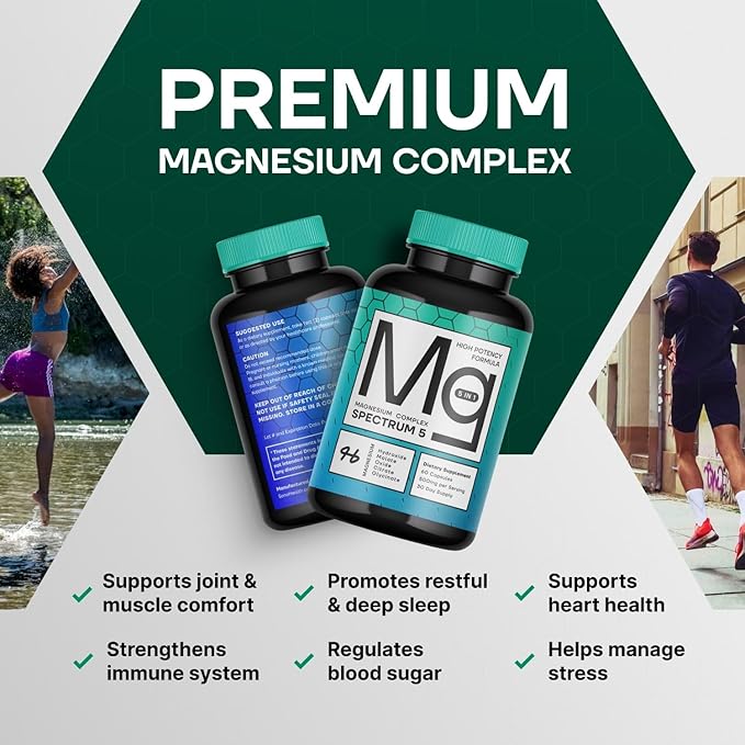 5-in-1 Magnesium Complex Spectrum 5 | 500mg of Magnesium Glycinate, Malate, Citrate, Oxide & Hydroxide for Muscles, Nerves, & Energy | High Absorption | Vegan, Non-GMO | 60 Capsules