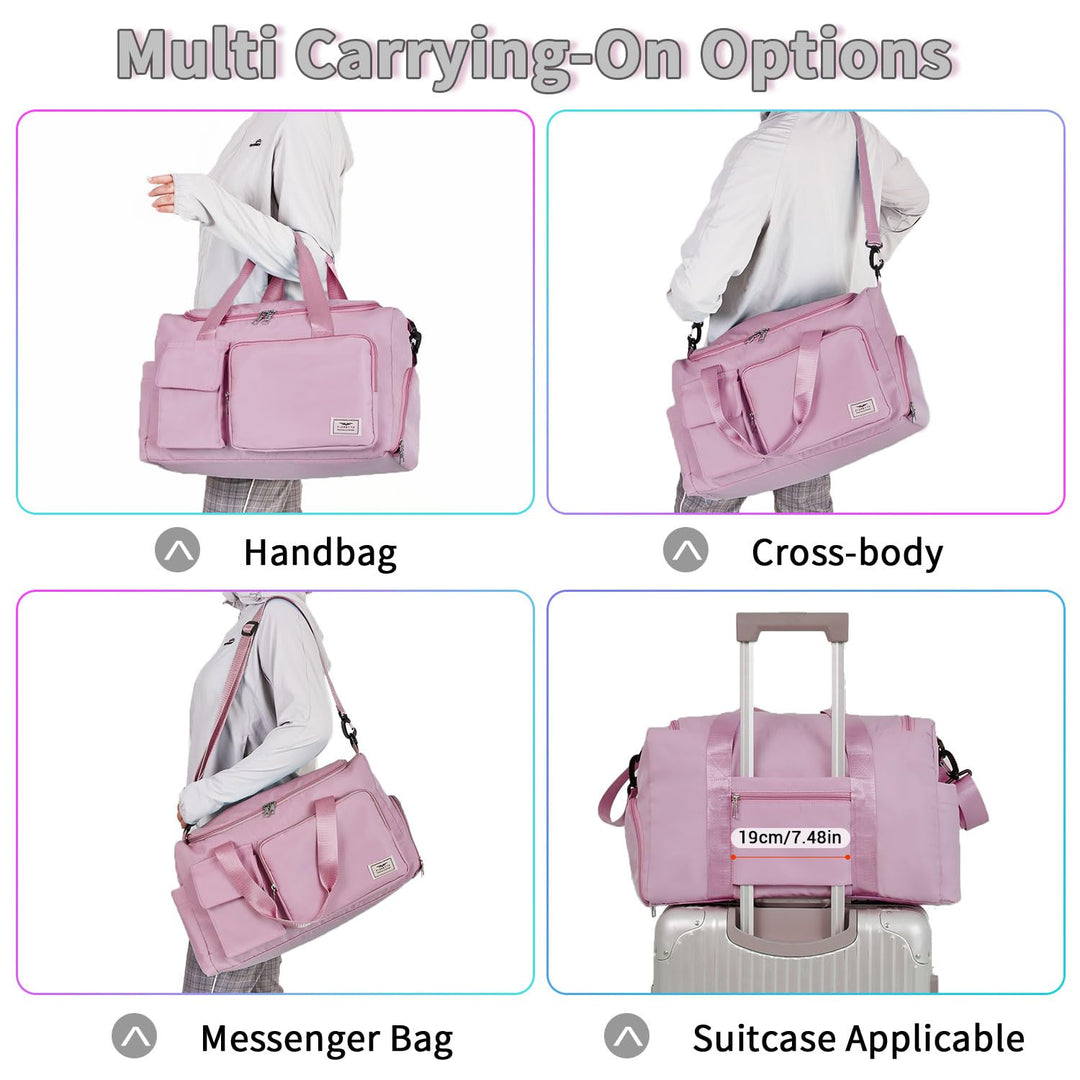 FIORETTO Women's Water-Resistant Gym Duffle Bag with Shoes Compartment, 37L Capacity, Multi-Functional, Ideal for Travel, Gym, Sports, Weekender, Pink