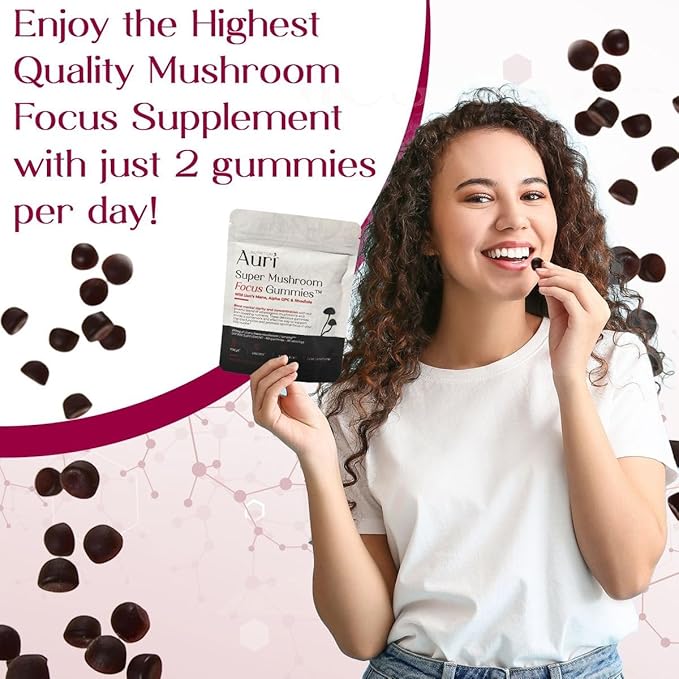 Auri Super Mushroom Focus Gummies - w/Lion's Mane, Alpha GPC & Rhodiola - Mushrooom Supplement to Support Cognitive Function, Mental Clarity, Focus & Energy | 60 Gummies, Vegan Friendly, Non GMOs