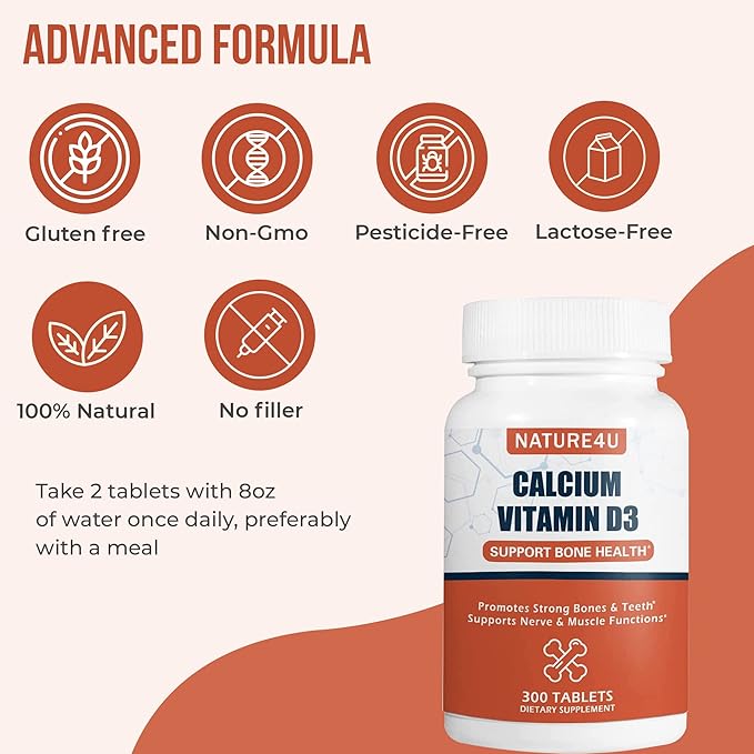 Calcium 1000 mg with Vitamin D3, Bone Health Supplement for Adults, Support Muscel Nerve Health and Calcium Absorption, 300 Tablet