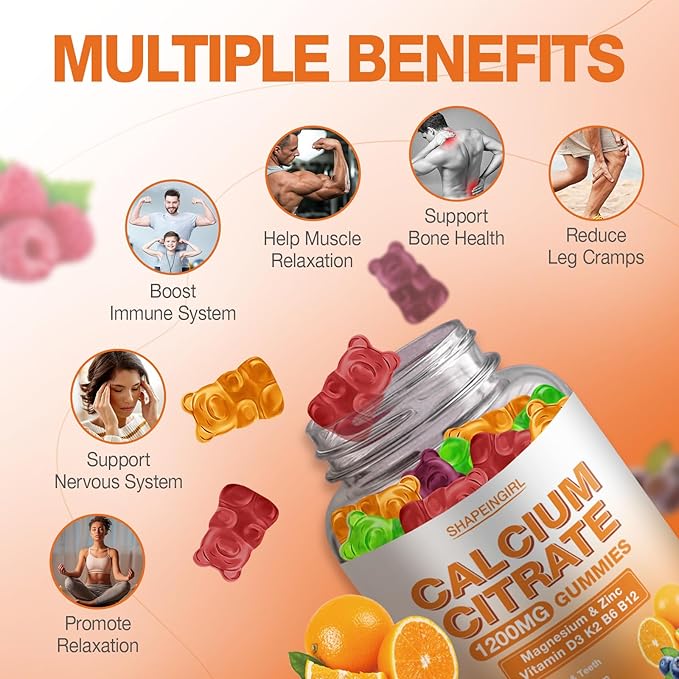 Calcium Citrate Gummies - 1200 mg Calcium Gummies with Magnesium Zinc, Calcium Supplements for Women & Men 60 Gummies