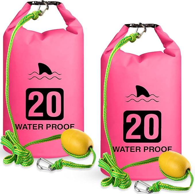 2 Set 20L Sand Anchor Heavy Duty Buoy Kit 2 in 1 Kayak Anchor Floating Waterproof Dry Bag with High Visibility Float Rope for Lake Beach Boat Hiking Camping Water Sports Surfing Kayaking(Rose Red)