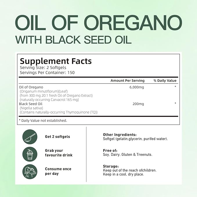 Oil of Oregano Capsules, Balanced Oil of Oregano with Black Seed Oil, Organic Oregano Oil Softgels,Carvacrol,Thymoquinone, Non-GMO