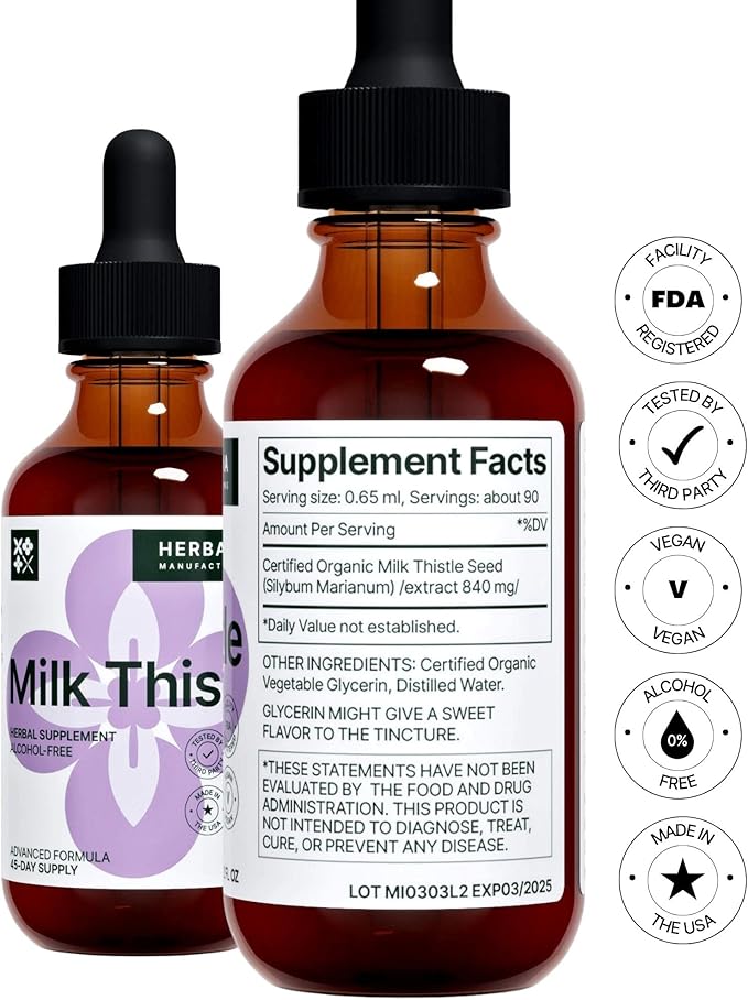 Milk Thistle 2 fl oz Liquid Extract - Natural Liver Support Drops - Cleanse and Detox Herbal Supplement - Silybum Marianum Tincture for Man & Woman - Family Size - High Potency - 45-Day Supply