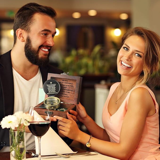 7 Year Anniversary Keepsake Gift for Him Her Engraving Quote Compass with Black Walnut Box 7th Anniversary Wedding Engagement Copper Gifts Couples Gifts for Men Women Husband Wife