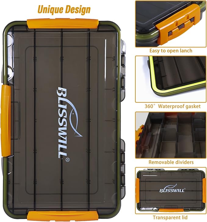 BLISSWILL Fishing Tackle Storage Trays,Fishing Tackle Box,Storage Organizer Box,3600/3700 Tackle Trays with Removable Dividers,Tea-Colored Transparent Waterproof Fishing Tackle Storage