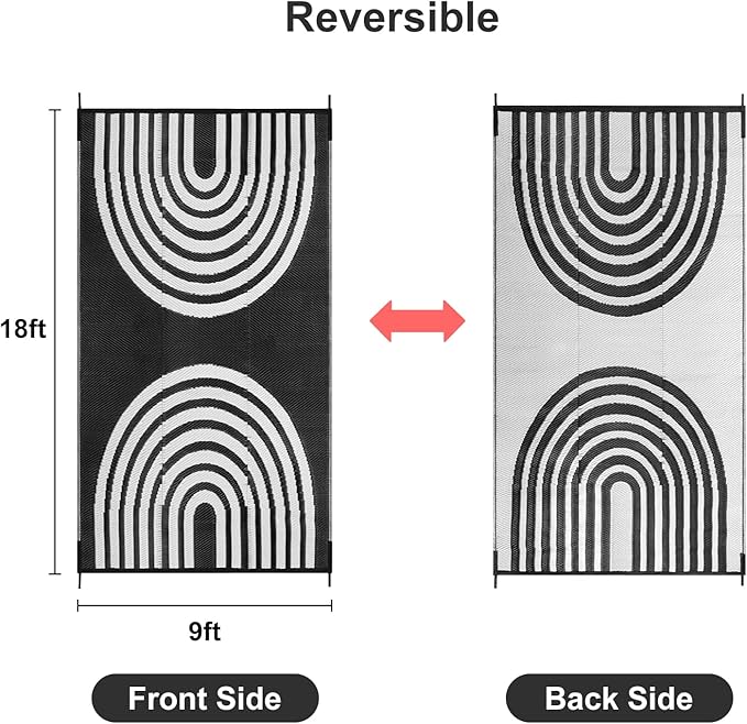 Anidaroel 9x18ft Reversible RV Outdoor Rugs for Camping, Waterproof Patio Rugs Outdoor Clearance, Outdoor Plastic Straw Outside Area Rugs Camping, Pool Deck, Backyard, Picnic(Black&White, 9‘x18')