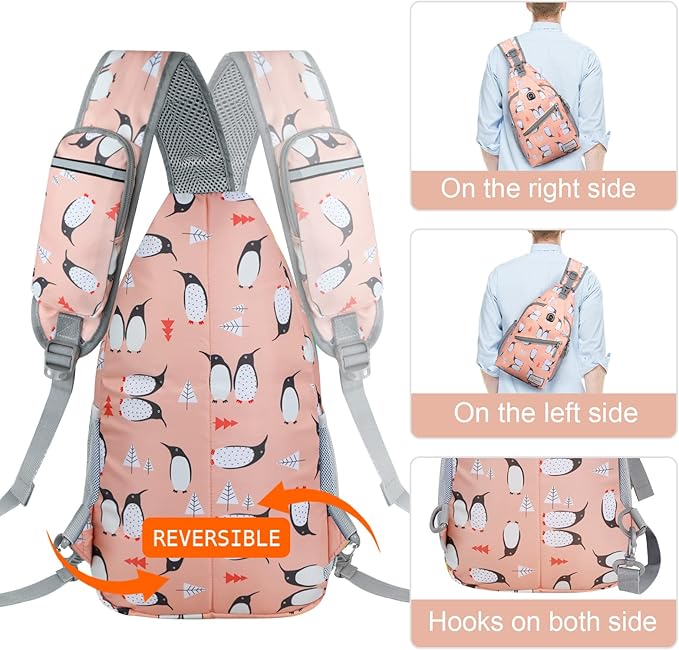 ZOMAKE Sling Bag, Penguin Pink, Nylon, 5 Separate Compartments, 10" iPad Compartment, Anti-Theft, Adjustable Reversible Shoulder Strap, Water Resistant