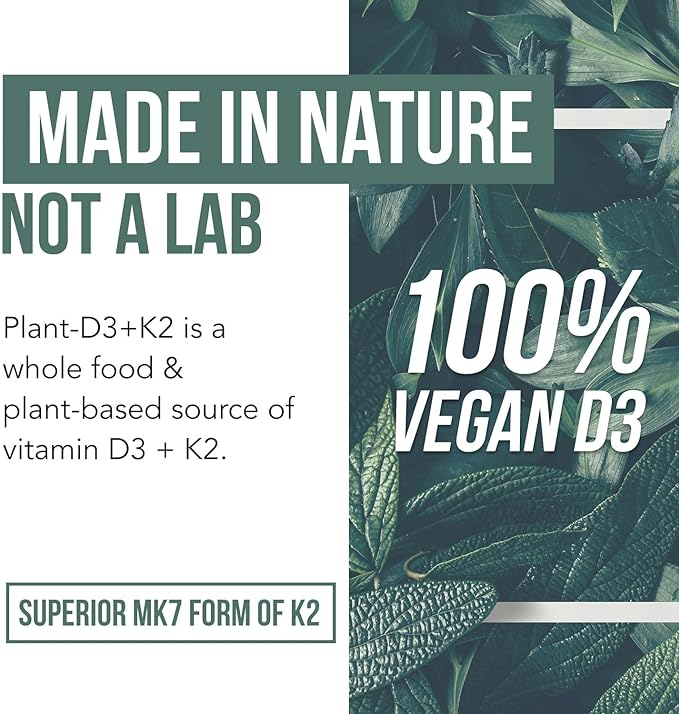 Organic Plant D3 + K2 | 5000 iu D3 + 120 mcg K2 as All-Trans MK7 from MenaQ7® - 100% Whole Food, Raw & Vegan | Enhanced Digestion with Prebiotic & Superfood Complex – D3 from Organic Algae (60 Count)