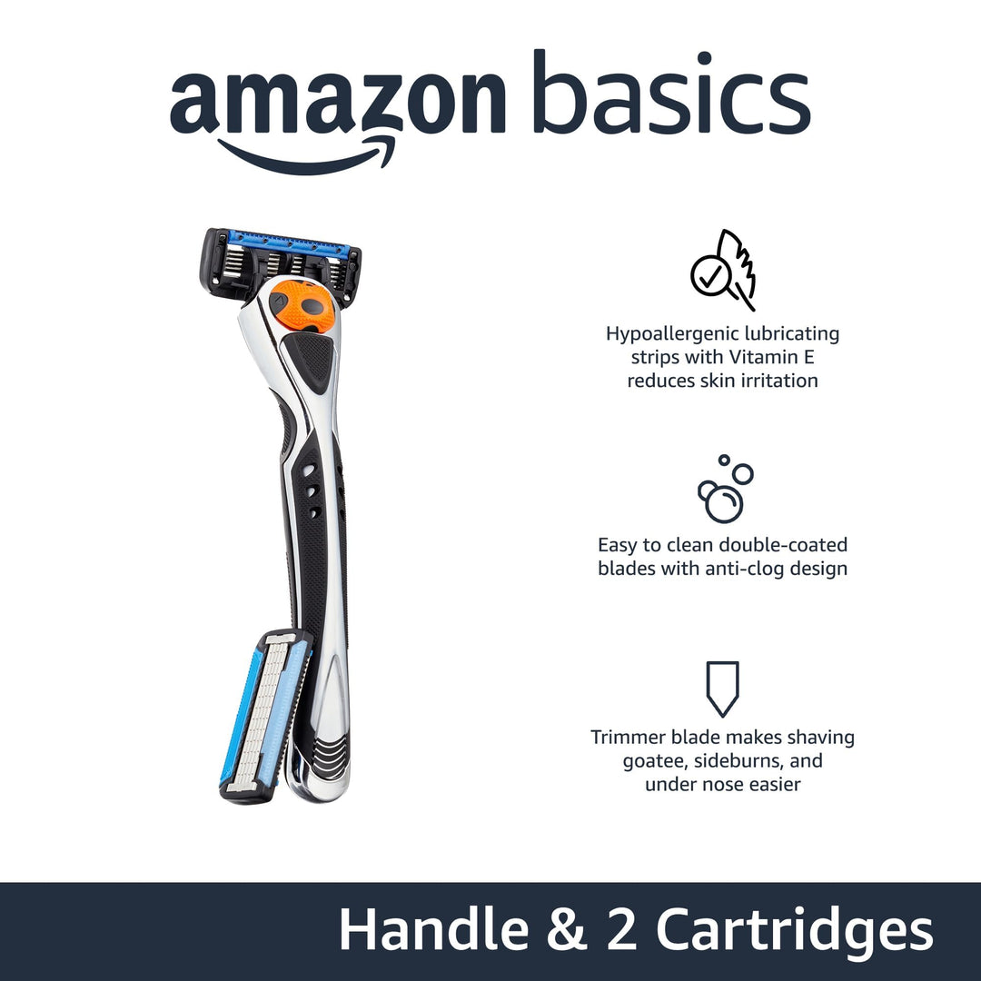 Amazon Basics 5-Blade MotionSphere Razor for Men with Dual Lubrication and Precision Beard Trimmer, Handle & 2 Cartridges (Cartridges fit Amazon Basics Razor Handles only) (Previously Solimo)