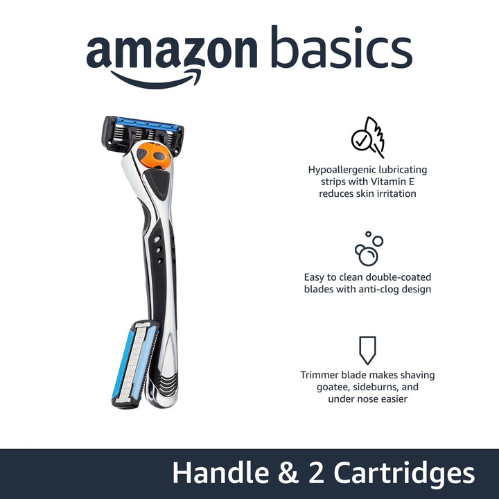 Amazon Basics 5-Blade MotionSphere Razor for Men with Dual Lubrication and Precision Beard Trimmer, Handle & 2 Cartridges (Cartridges fit Amazon Basics Razor Handles only) (Previously Solimo)
