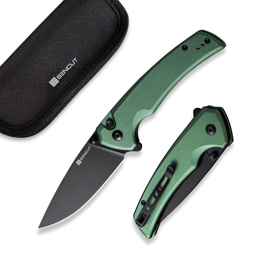 SENCUT Button Lock Pocket Knife for EDC, Serene Folding Knife, Thumb Stud & Flipper Opener, Aluminum Handle with 3.48" D2 Black Blade for Outdoor, Camping, Hunting S21022B-5 (Green)