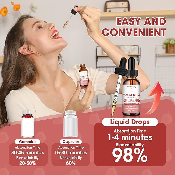 Magnesium Glycinate Liquid Drops - 1000mg 5-in-1 High Absorption Liquid Magnesium Complex with D3/K2/B6 | Fast-Acting, Bone, Muscle & Sleep | Sugar-Free Strawberry Flavor, 2fl Oz 2 Pack