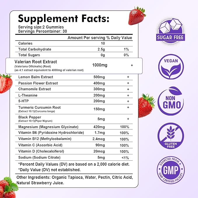 Valerian Root Gummies Organic, Valerian Root Supplement for Zzz, Relaxation & Calm, Natural Herbal Supplement for Men & Women, Melatonin Free, Vegan, Non-GMO, Strawberry Flavor, 60 Count