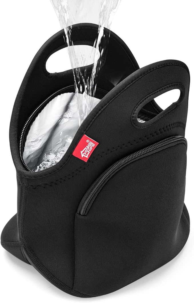 Yookee Home Neoprene Lunch Bag for Men, Black with Pocket, 12.5"L x 6.5"W x 12.5"H