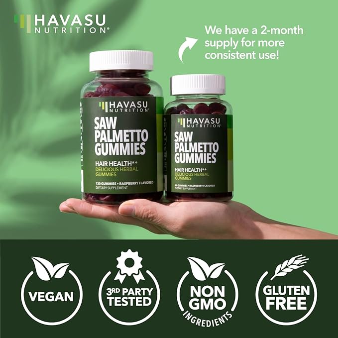 Saw Palmetto for Men Gummies - DHT Blocker Supplement for Hair Health and Male Patterned Balding - 60 Count - Supports Scalp and Prostate Wellness - Raspberry Flavor - Vegan, Non-GMO, 1 Month Supply