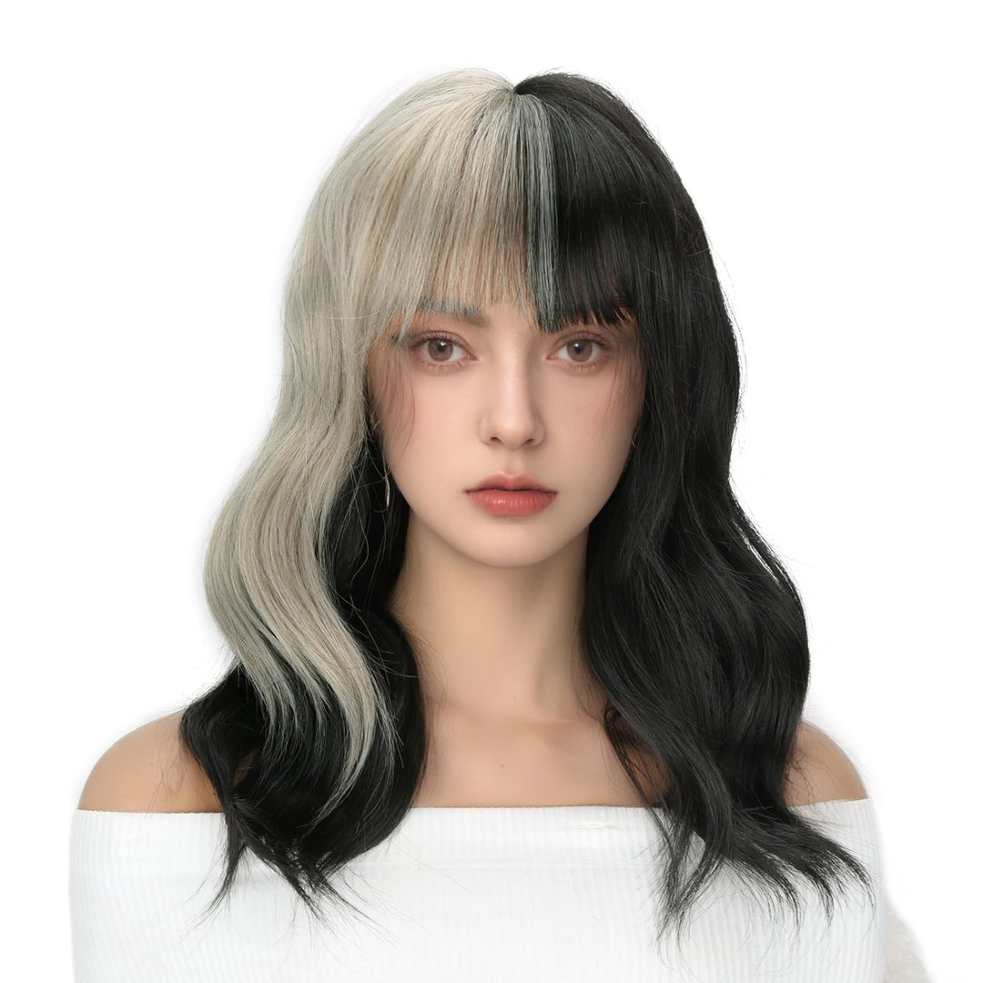 LINGHANG Grey Black Wigs with Bangs Soft Natural Synthetic Fibre Wigs for Women Short Grey Wavy Wig for Cosplay Halloween Daily Party Use