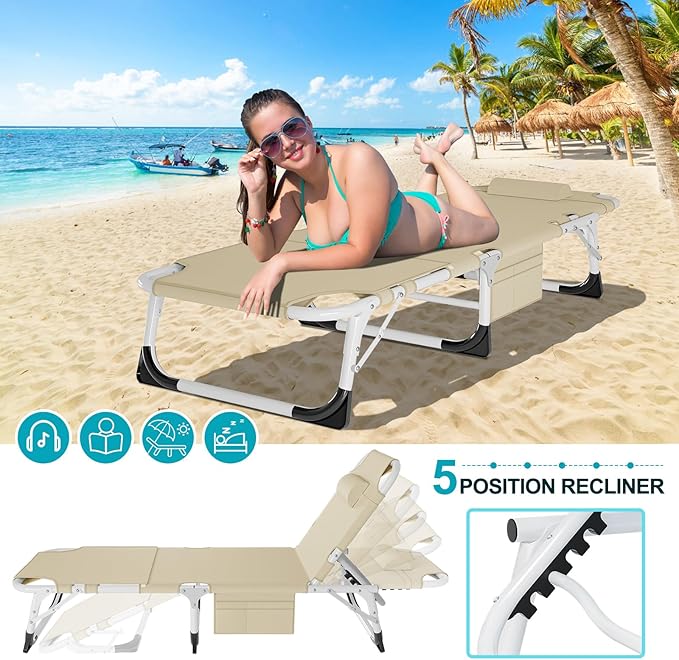 ABORON Folding Camping Cot W/Mat for Adults, Adjustable Heavy Duty Outdoor Bed,1200 D Layer Oxford Travel Camp Cots