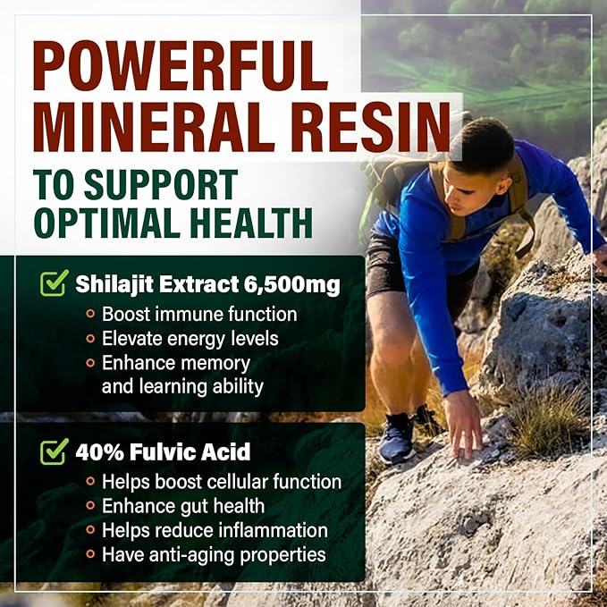 6,500mg Shilajit Supplement with 40% Fulvic Acid (High Absorption) | Shilajit Mineral Supplement with 85+ Trace Minerals for Energy, Performance & Immune Health - 120 Capsules