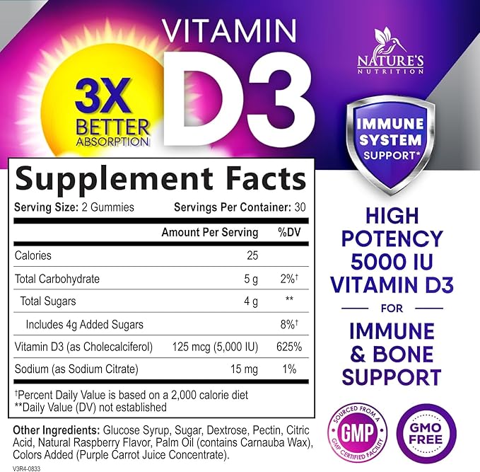 Vitamin D3 Supplement Gummy 5000 IU (125 mcg) Dietary Vitamins D for Men & Women - Bone, Teeth, Muscle & Immune Health Support, High Potency VIT D3 Nature's Non-GMO & Gluten Free - 60 Gummies