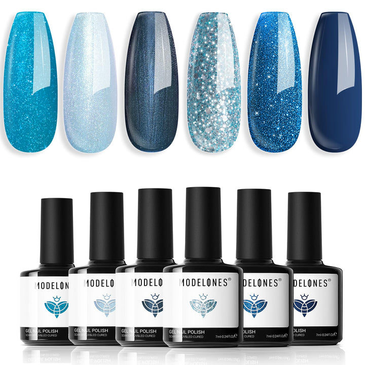 modelones Gel Nail Polish Set 6 Colors Blue Glitter Galaxy Dark Blue 9D Cat Eye Gel Nail Polish with Magnet Light White Shimmer Pearl Soak Off Led Nail Art DIY Salon Gift For Women