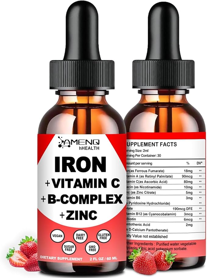 Liquid Iron Supplement w/Vitamin C, A, B-Complex, Vegan Iron Drops High Potency Liquid Vitamin & Iron Supplements for Women, Men & Children -Support Red Blood Cell, Energy, Anemia & Fatigue