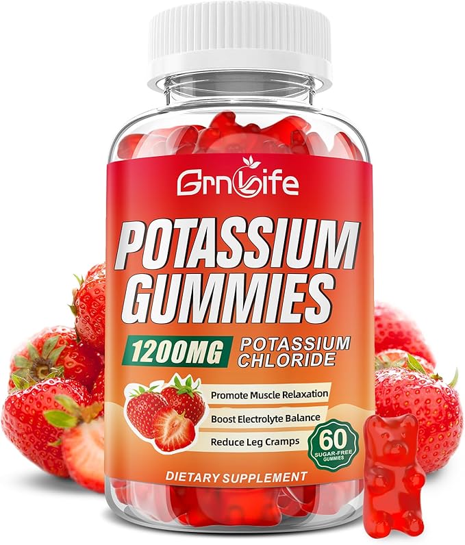 Potassium Gummies for Adults, Potassium Chloride Gummies 1200mg Support Leg Cramps & Electrolyte Balance, Strawberry Flavor 60 Count
