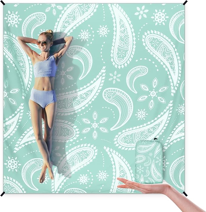 Beach Blanket Sandproof Extra Large Beach Mat Adults Waterproof Quick Drying Sand Free Mat Made by Premium Polyester with 4 Stakes & 4 Corner Pockets for Outdoor Travel Camping Hiking