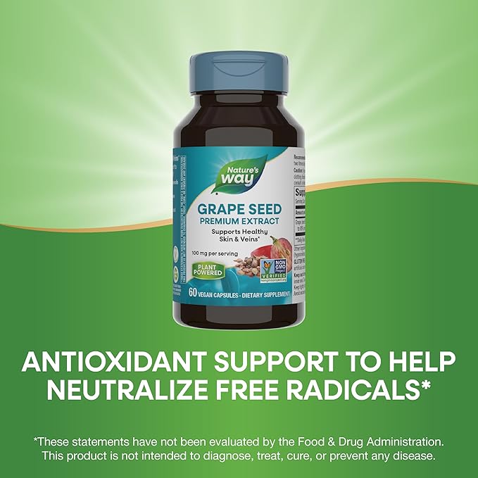 Nature's Way Grape Seed Premium Extract, Supports Healthy Skin and Veins*, Antioxidant Support*, Non-GMO Project Verified, 60 Vegan Capsules (Packaging May Vary)