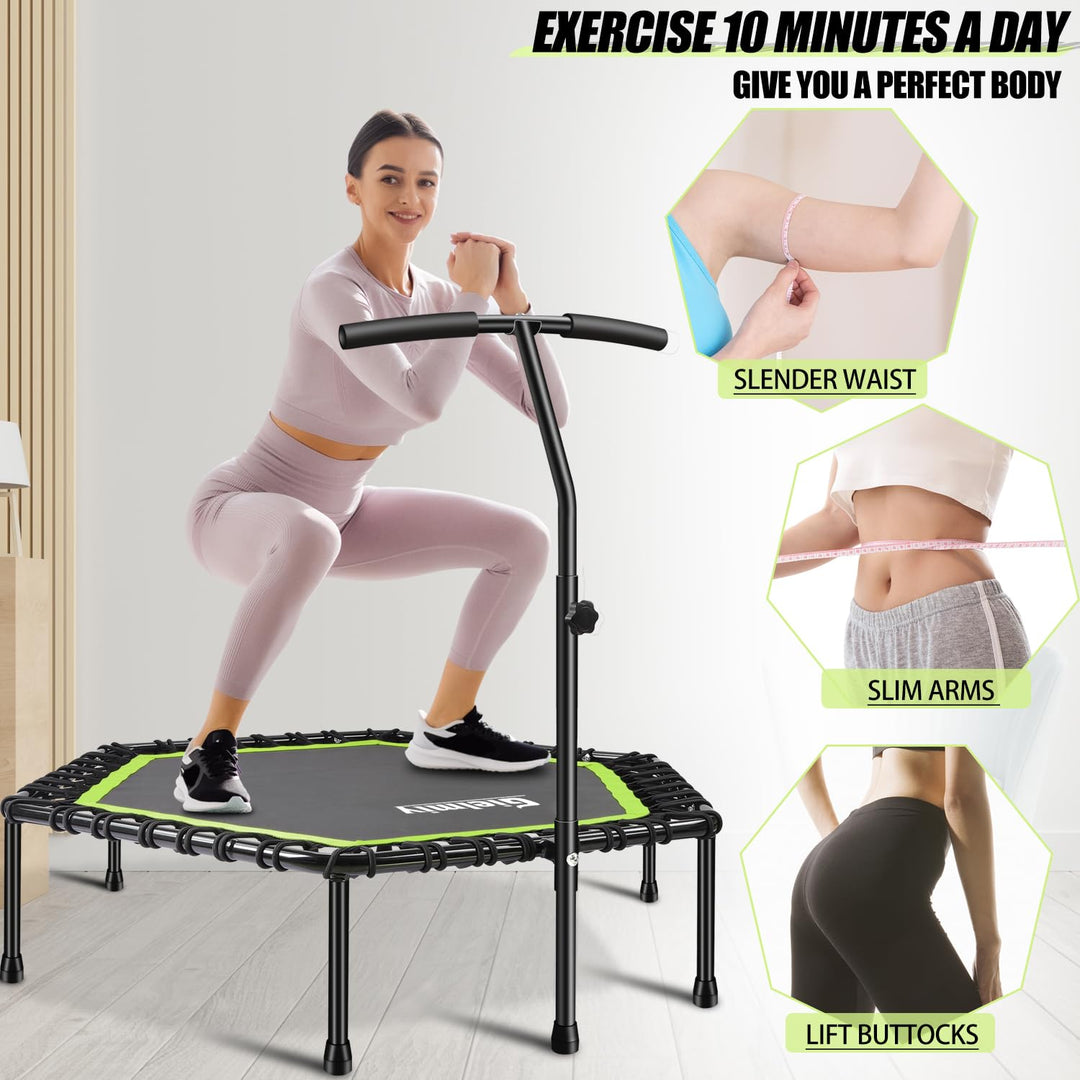 Gielmiy 48‘’Mini Trampoline for Adults，Silent rebounder Trampoline with 3 Adjustable Handle，Indoor/Garden/Workout Cardio,Safely Cushioned Bounce（Max Load 330lbs）