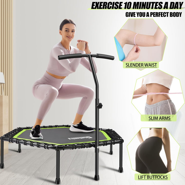 Gielmiy 48‘’Mini Trampoline for Adults，Silent rebounder Trampoline with 3 Adjustable Handle，Indoor/Garden/Workout Cardio,Safely Cushioned Bounce（Max Load 330lbs）