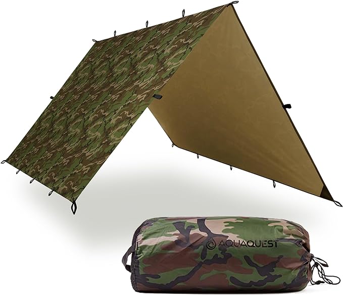 AquaQuest Defender Camping Tarp - Heavy Duty Tent Shelter or Rain Fly - Waterproof Camping Essentials for Hiking, Bushcraft & Hammock, 10 x 10 ft, Woodland Camo