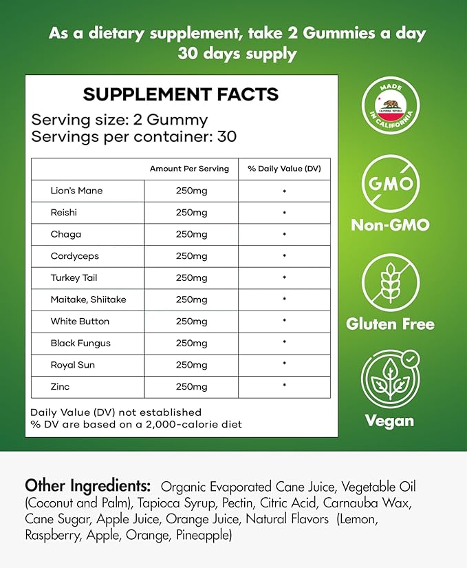 Mushroom Gummies - Lions Mane Gummies for Adults with 10 - Blend Mushrooms Complex Reishi, Chaga, Cordyceps, Turkey Tail, & More - Mushroom Supplement (2)