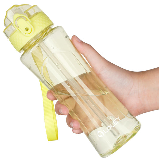 OLDLEY Kids Water Bottle with Straw 15 oz BPA-Free Leak-Proof Motivational Water Bottles with Time Marker for School Sports Travel Gym, Easy to Use for Girls Goys, 1 Straw Lid, Transparent-yellow