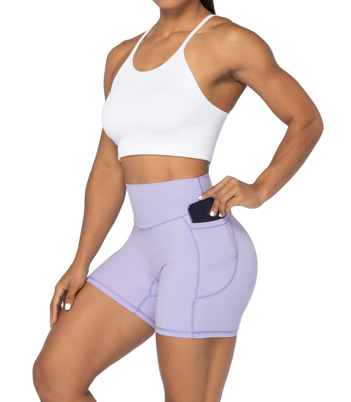 Sunzel No Front Seam Biker Shorts for Women with Pockets, Yoga Workout Gym Bike Shorts with Tummy Control 5" Lilac X-Small