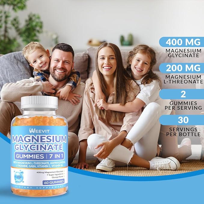 Sugar-Free Magnesium Glycinate Gummies 400mg with Magnesium L-Threonate 200mg, Magnesium Gummies for Women and Men with Ashwagandha, L-Theanine, GABA, Vitamin C, B6