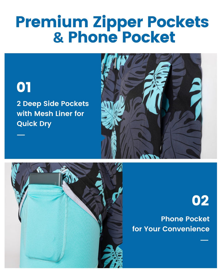 maamgic Mens Swim Trunks with Compression Liner 5" Stretch Athletic Swimming shorts Quick Dry with Zipper Pockets No-Chafing Board Shorts Black-Lake Blue Leaves XS