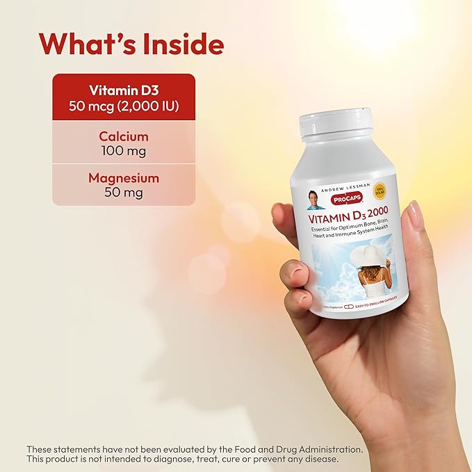 ANDREW LESSMAN Vitamin D3 2000 IU 720 Capsules - High Potency, Essential for Calcium Absorption, Supports Bone Health, Healthy Muscle Function, Immune System, More. Small Easy to Swallow Capsules