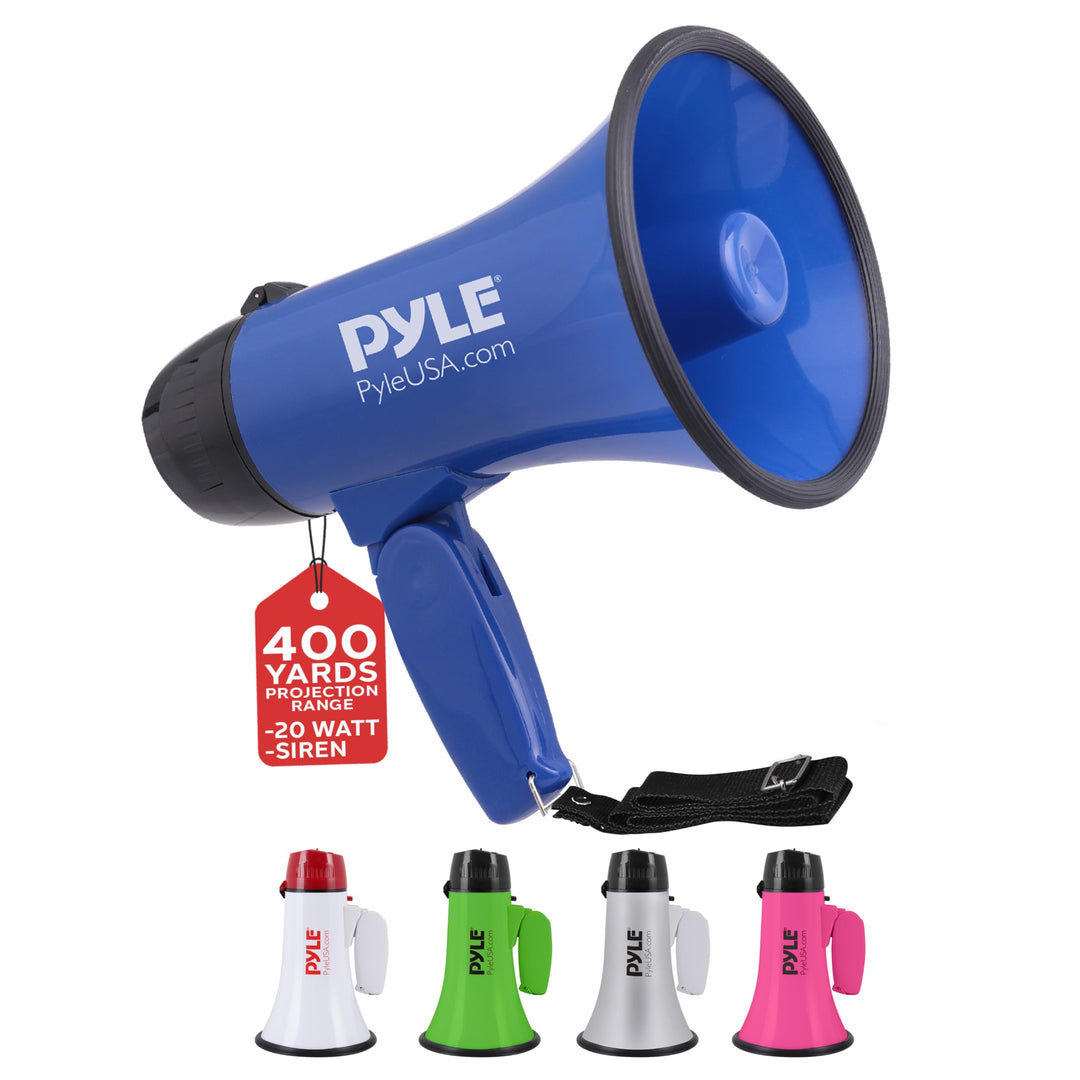 Pyle PMP21BL Portable Megaphone Speaker Siren Bullhorn - Compact and Battery Operated with 20 Watt Power, Microphone, 2 Modes, PA Sound and Foldable Handle for Cheerleading and Police Use, Blue