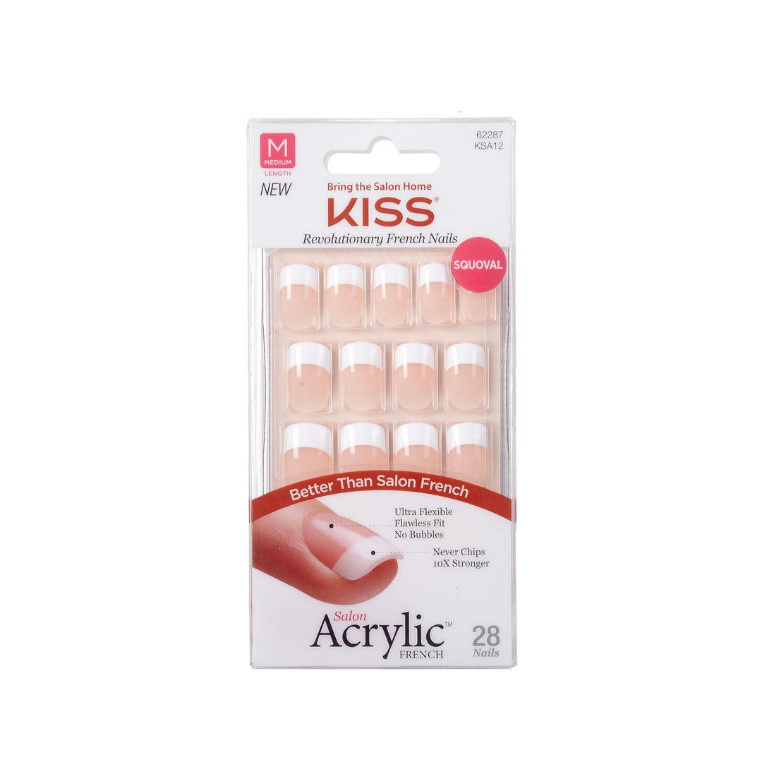 Kiss Salon Acrylic, Press-On Nails, Nail Glue Included, Rumour Mill', White, Medium Size, Squoval Shape, Includes 28 Nails, 2G G