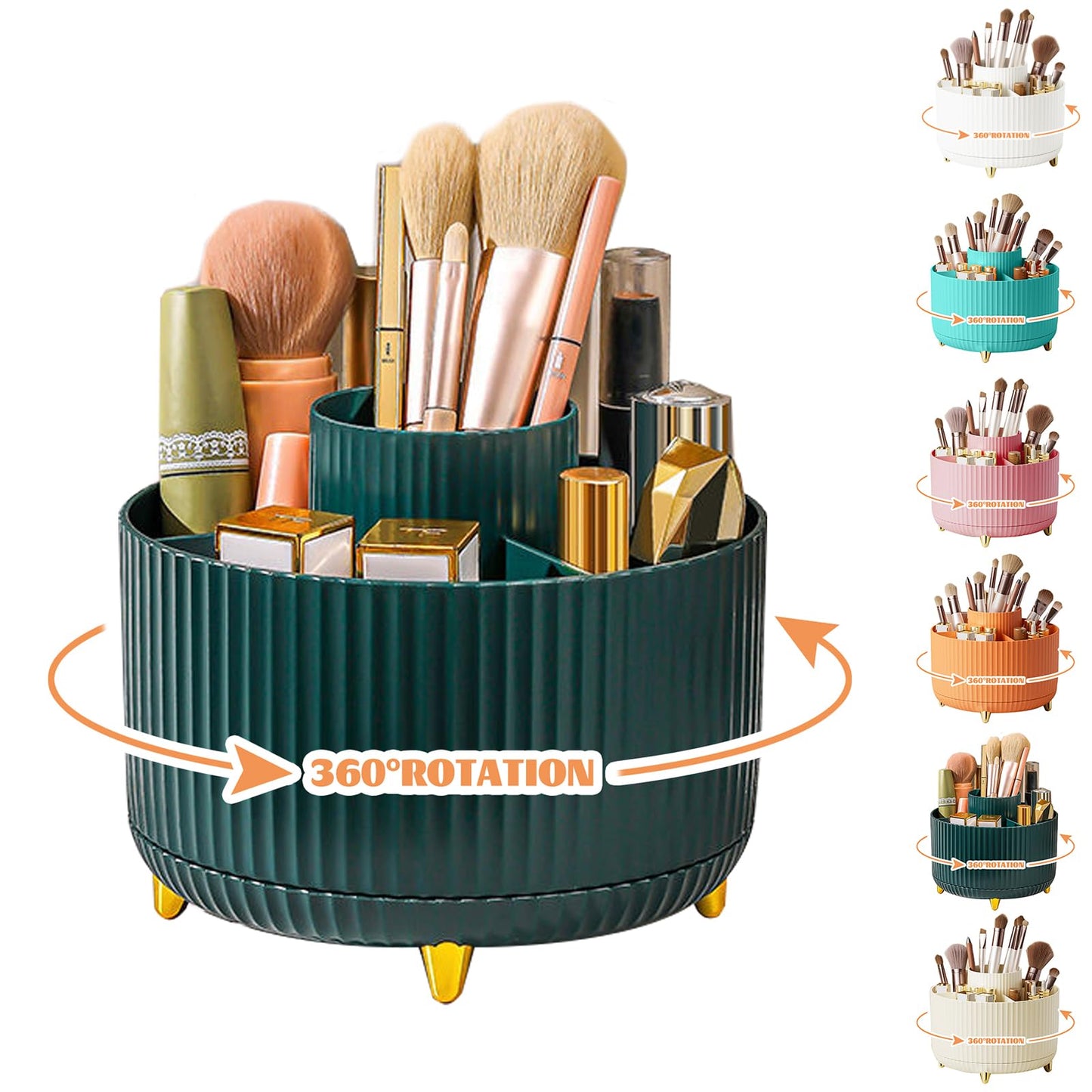 360° Rotating Makeup Organiser, Make Up Brush Holder with 5 Compartments, Desk Storage Container for Bedroom Dressing Table Cosmetics Organizer, Office Stationery Storage, Desktop Pen Holders (Green)