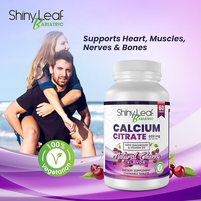 Shiny Leaf Bariatric Calcium Citrate Chews - 600mg, with Vitamin D 3 Plus Magnesium - Chewable Supplements for Women and Men, Bariatric Patients Vitamins for Bone and Joints Health, 240 Count, Cherry