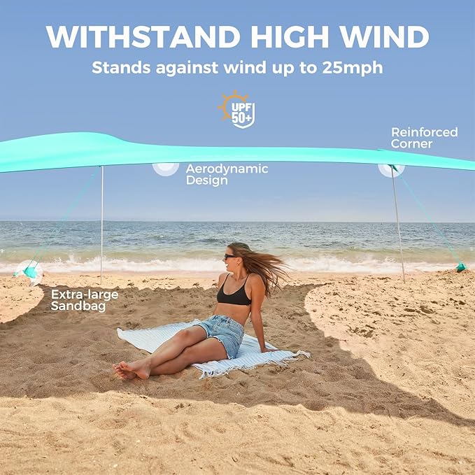 WEKAPO Beach Tent Sun Shelter - Easy Setup Beach Canopy with 4 Sturdy Poles, Extra Large Sandbags and Shovel, 7'8'' Tall, Windproof Sun Shade for Backyard and Camping, UPF 50+ Protection