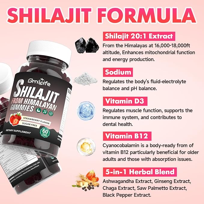 Shilajit Gummies for Men & Women, 1000MG Shilajit Supplement with 85+ Trace Minerals & Fulvic Acid for Energy, Immunity, Sugar-Free, Strawberry-60 Count