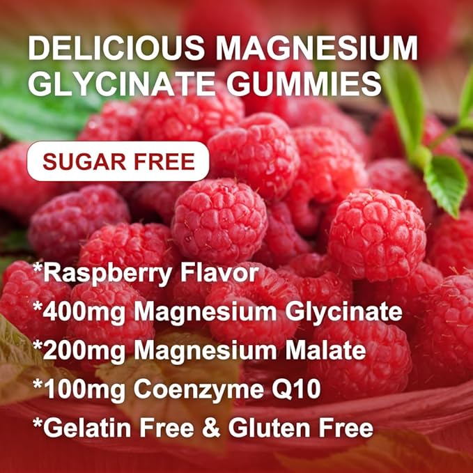Magnesium Glycinate Gummies - 400mg Magnesium Glycinate Gummies with Vitamin D, B6, and CoQ10, Magnesium Supplement for Relaxation and Cognition, Sugar Free - 60 Raspberry Gummies (2 Pack)